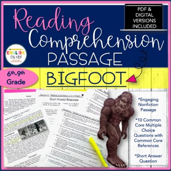 Preview of Reading Comprehension Passage on Bigfoot
