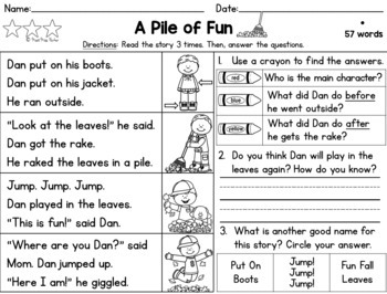 differentiated reading comprehension passages 1st grade fall tpt