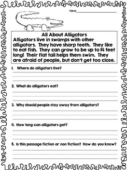 Reading Comprehension Passages: ANIMALS by Live Laugh I LOVE Kindergarten