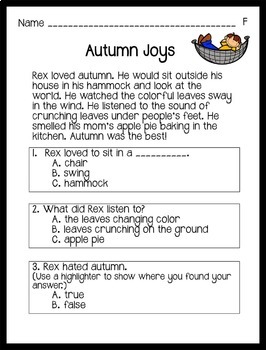 reading comprehension passages autumn themed guided reading level f