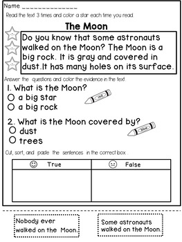 printable kindergarten reading passages free fluency Comprehension First by Passages Dana's Reading Grade