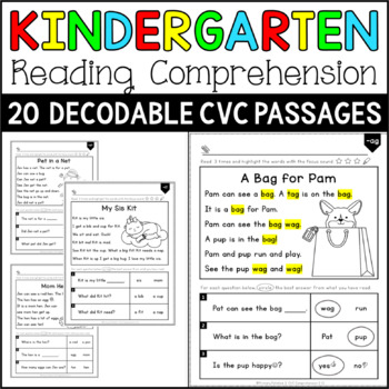 Preview of Reading Comprehension Passages - Kindergarten CVC