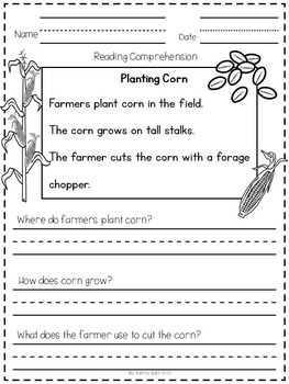 reading comprehension passages life on the farm kindergarten and 1st grade