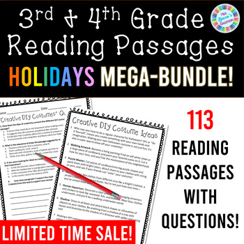 Preview of Reading Comprehension Passages & Questions 3rd & 4th Grade Holidays MEGA-BUNDLE!