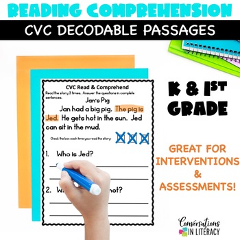Preview of Reading Comprehension Passages & Questions CVC Decodable Passages K & 1st Grade