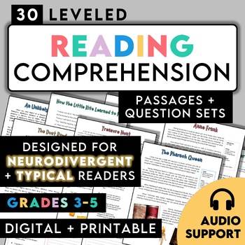 Preview of Reading Comprehension Passages + Questions- Digital | Audio | Dyslexic Support