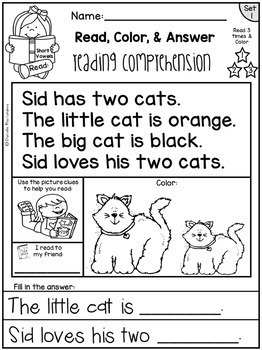 Reading Comprehension Passages - Read, Color & Answer Set 1- Short Vowels