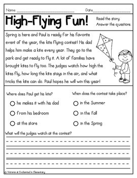reading comprehension passages spring edition by enchanted in elementary