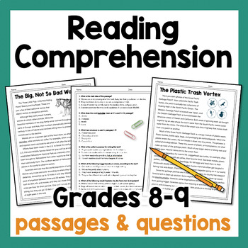Preview of Reading Comprehension Passages & Questions Worksheets Activities Grades 8-9