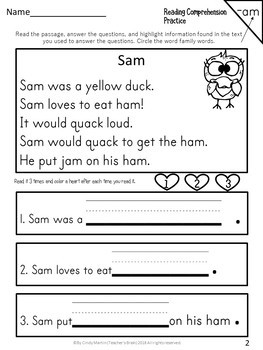 reading comprehension passages and question for kindergarten tpt