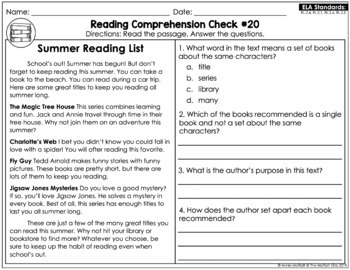 reading comprehension passages and questions summer 2nd grade