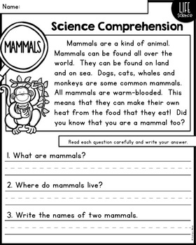 reading comprehension passages for little scientists life science edition