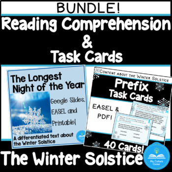 Preview of Reading Comprehension & Prefix Task Cards, PDF/EASEL. Winter Solstice activities