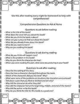 Preview of Reading Comprehension Questions Homework & Independent Reading - ENGLISH