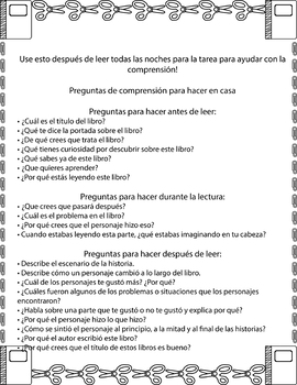 Preview of Reading Comprehension Questions Homework & Independent Reading - SPANISH