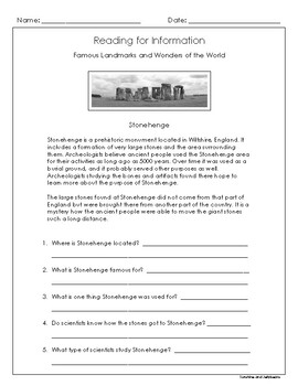 Preview of Reading Comprehension / Reading for Info - Stonehenge - Grades 3-5
