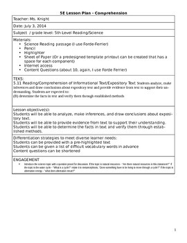 Preview of Reading Comprehension & Science Integrated 5E Lesson Plan