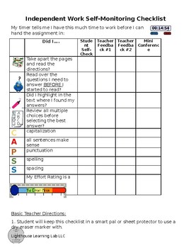 Self Monitoring Behavior Chart Middle School