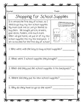 reading comprehension stories wh questions august tpt