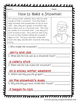 reading comprehension stories wh questions december tpt