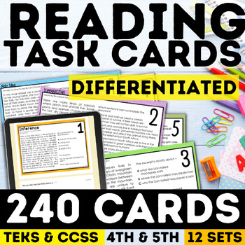 Preview of 3rd 4th 5th Grade Reading Comprehension Passages ELA Task Cards Theme & Poetry
