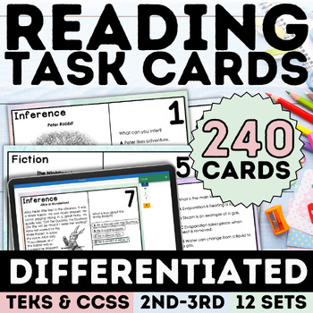 Preview of Reading Comprehension Task Cards Bundle Differentiated Printable + Boom Cards