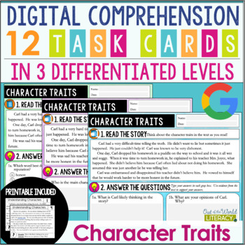 Preview of Reading Comprehension Task Cards - Character Traits - Digital and Printable 