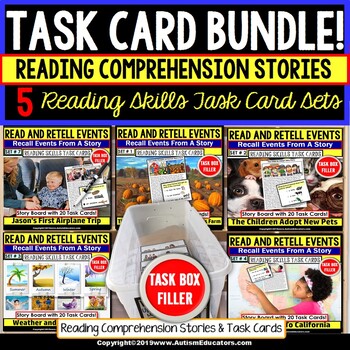 Preview of Reading Comprehension Task Cards READ and RETELL Bundle for Special Education