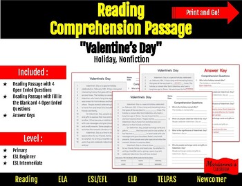 Preview of Reading Comprehension - Valentine's Day