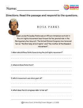 Preview of Reading Comprehension Worksheet- Rosa Park