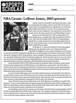 Sports Reading Comprehension Worksheets, Common Core -- BASKETBALL GREATS