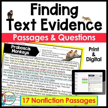 Preview of Reading Comprehension Passages for Finding Text Evidence Close Reading Practice