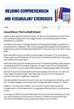 Preview of Reading Comprehension and Vocabulary Exercise on Leo Messi