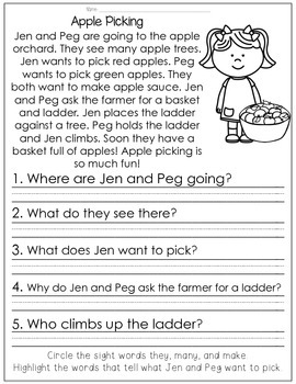 Reading Comprehension for Little Learners September Edition | TpT