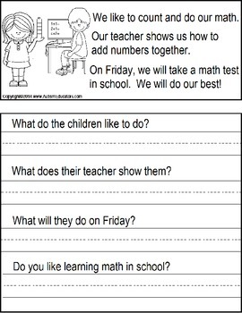 reading comprehension worksheets for special education students