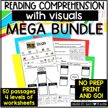Preview of Leveled Reading Comprehension Passages and Worksheets with Visual Support