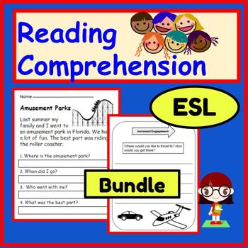 Preview of Reading Comprehension worksheets: ELL, ESL Beginner, SPED friendly - BUNDLE