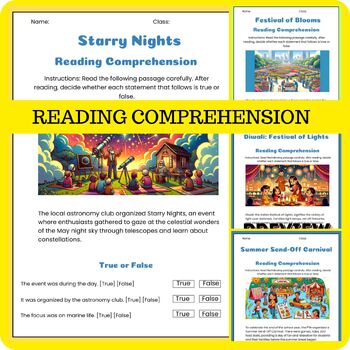 Preview of Reading Comrehension activities True or False Summer End of Year May Festivals