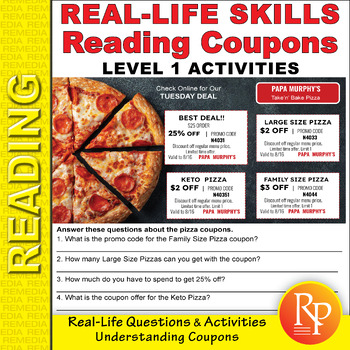 Preview of Reading Coupons Level 1:  Functional Life Skills - Comprehension Activities
