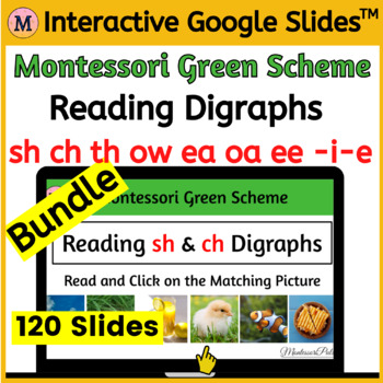 Preview of Reading Digraphs sh ch ea oa ee -i-e ow th - Google Slides™ Bundle -Green Scheme