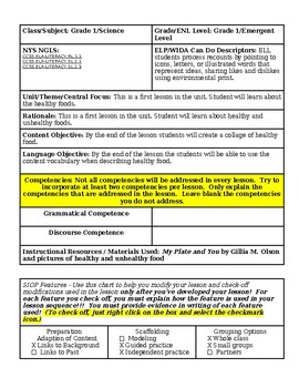 Preview of Reading ENL Lesson Plan: Healthy Foods: SIOP Template