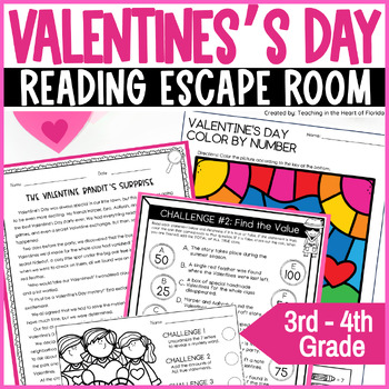 Preview of Reading Escape Room Valentine's Day 3rd - 4th Grade