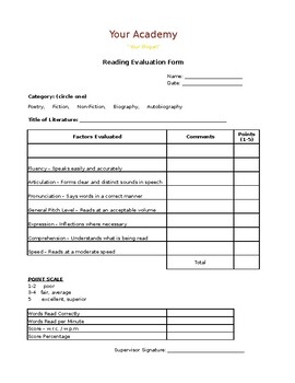 Preview of Reading Evaluation Form