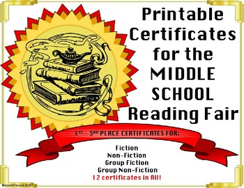 Preview of Reading Fair Certificates - Editable Middle School Fiction & NonFiction Awards