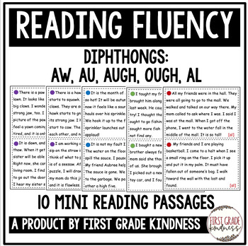 Preview of First Grade Reading Fluency Passages | 10 Mini Passages | Diphthongs: /aw/