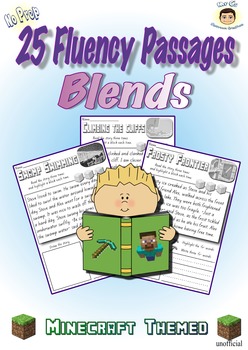 Preview of Reading Fluency Passages (Blends) 25 Minecraft No prep printables Digraphs Hi Lo