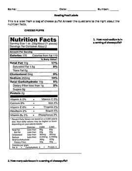 Preview of Reading Food Labels Worksheet
