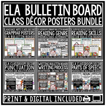 Preview of Reading Genre Grammar ELA Classroom Decor Posters Writing Process Bulletin Board