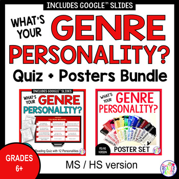 Preview of Reading Genre Personality Test - Secondary Library Quiz and 24 Posters BUNDLE