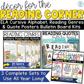 Preview of Reading Genre Posters ELA Classroom Decor Cursive Alphabet Bulletin Board